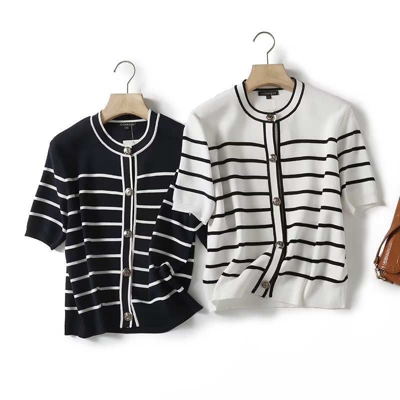 Pb&amp;za Women 2023 Summer New Fashion Design Striped Cardigan Sweater Vintage Short Sleeve Female Outerwear Chic Tops 