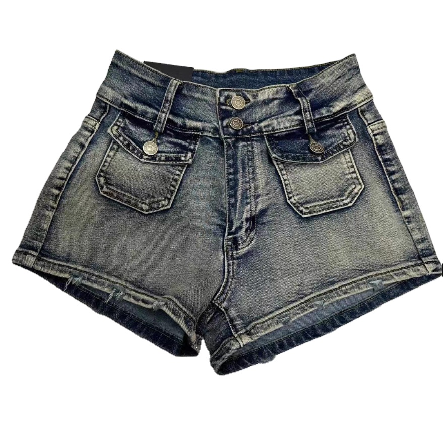 Fashion heavy washed distressed cargo pockets denim shorts for women