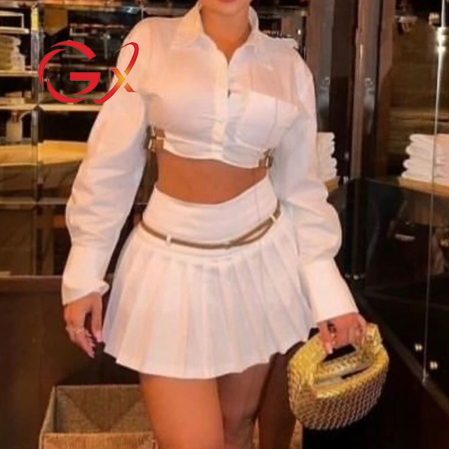 Gx3850 Fashion Elegant Clothing Vendor Street Wear Long Sleeve Belt Cropped Shirt And Mini Pleated Skirt Women 2 Piece Set 