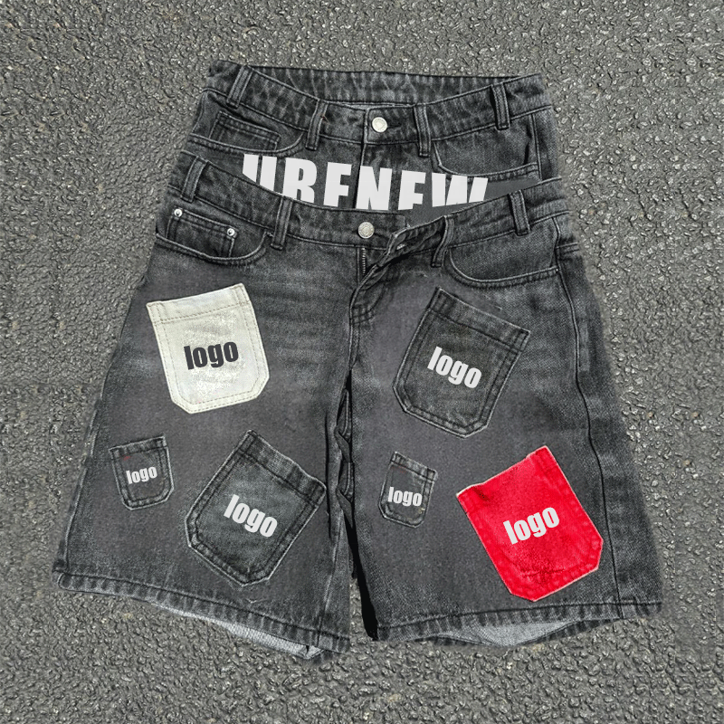 Custom Print Logo Streetwear Summer Cotton Double Waisted Knee High Baggy Oversize Heavyweight Jeans Denim Shorts For Men